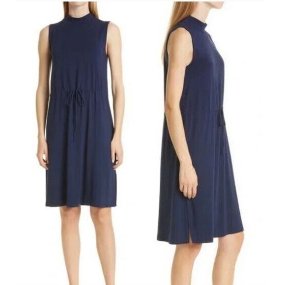 Eileen Fisher Women's Dress Mock Neck Drawstring Tie Waist Navy Sleeveless M - Picture 1 of 5